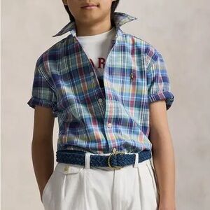 Ralph Lauren Plaid Oxford Short-Sleeve Shirt in Blue Multi, Size M(10-12), NWT